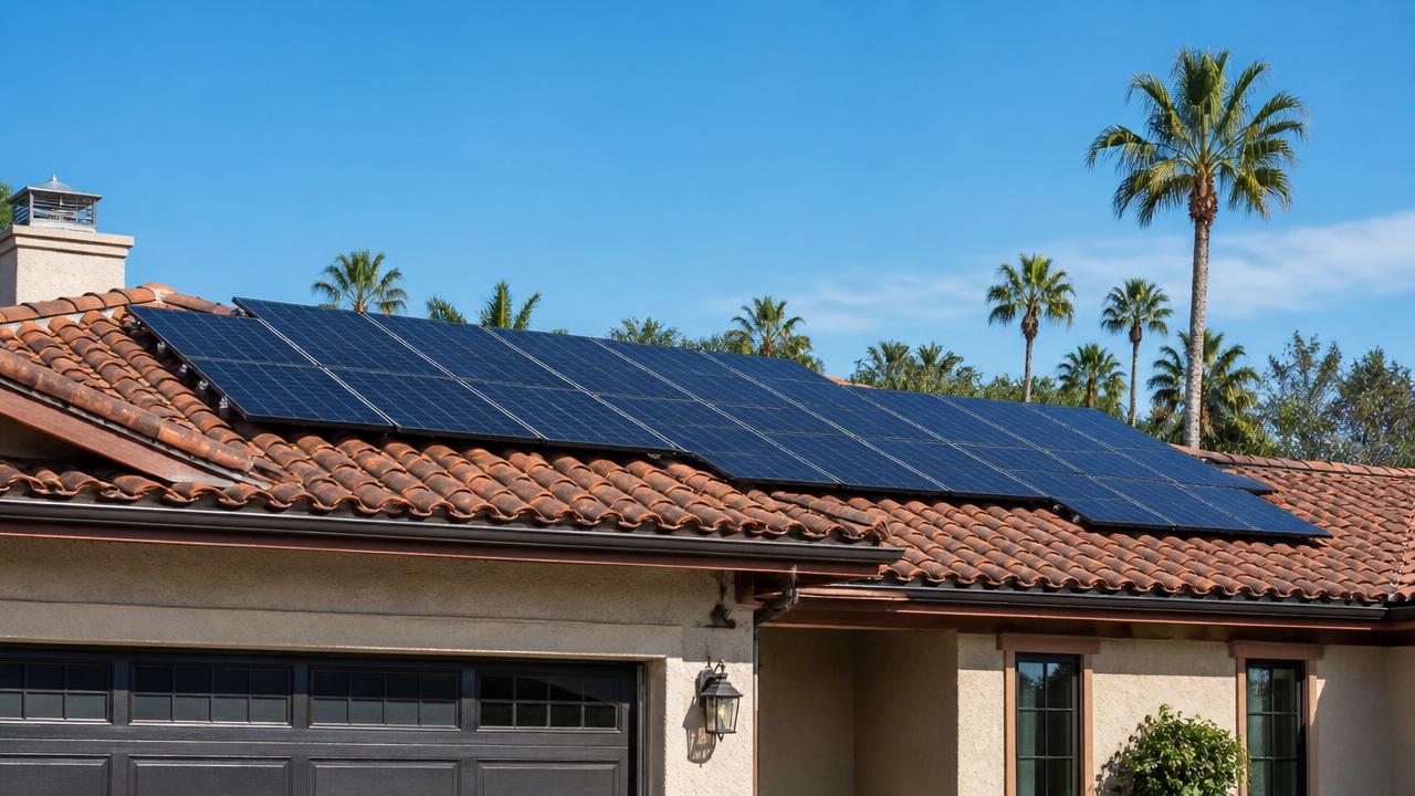 Rooftop solar panel array on a Spanish tile San Diego home against a clear blue sky with palm trees