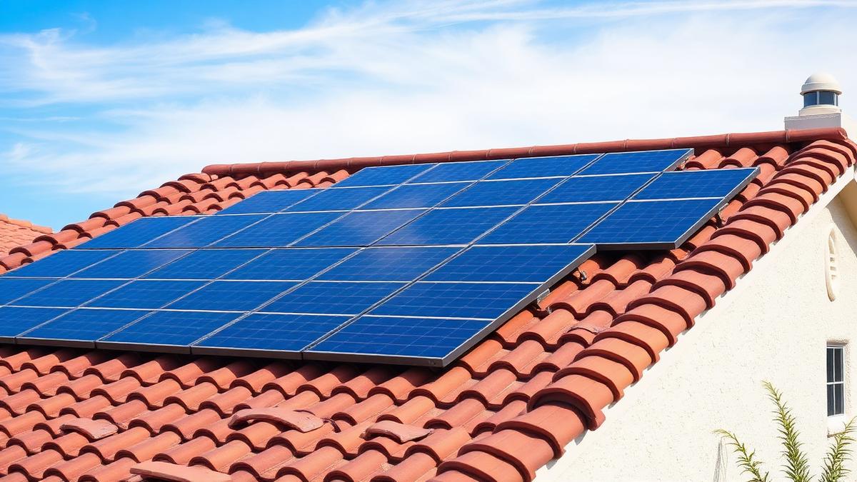 Rooftop solar panel array installed on a Spanish tile roof of a San Diego home under blue sky