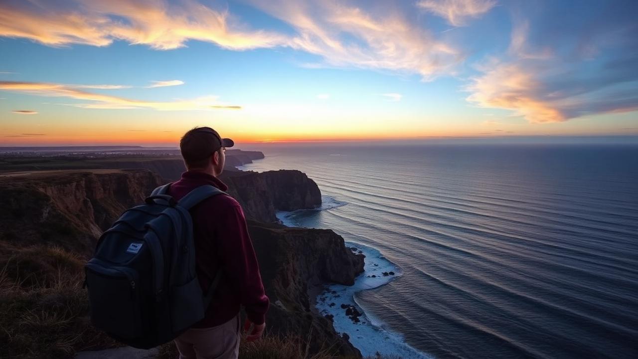 Solo traveler with a backpack watching the sunset from San Diego coastal cliffs