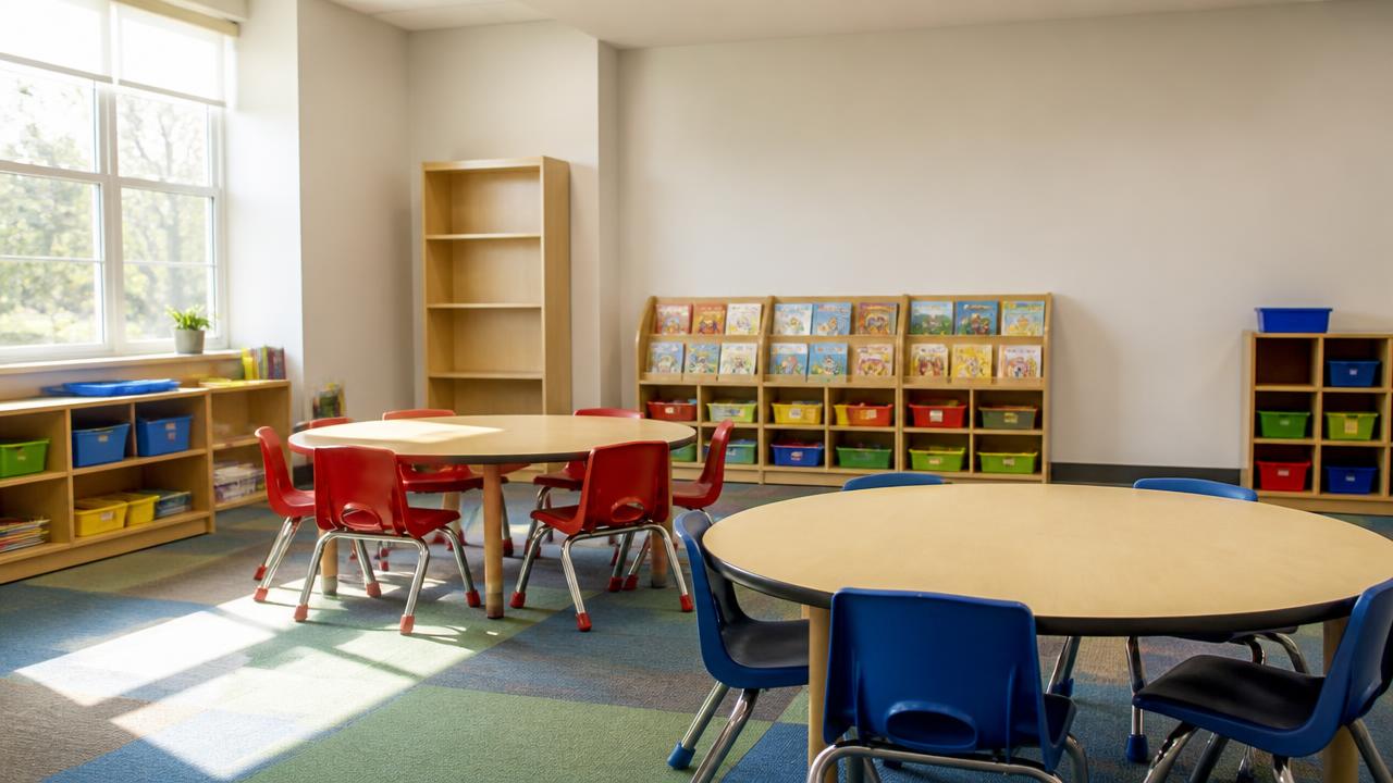 A colorful San Diego elementary classroom set up for a dual-language program with small tables and shelves of picture books
