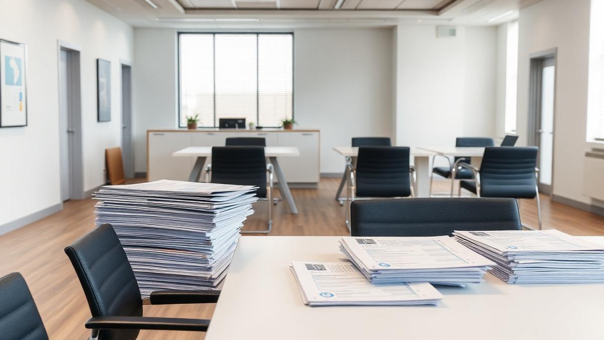 Staffing agency interview room with stacks of resumes on a table and empty chairs