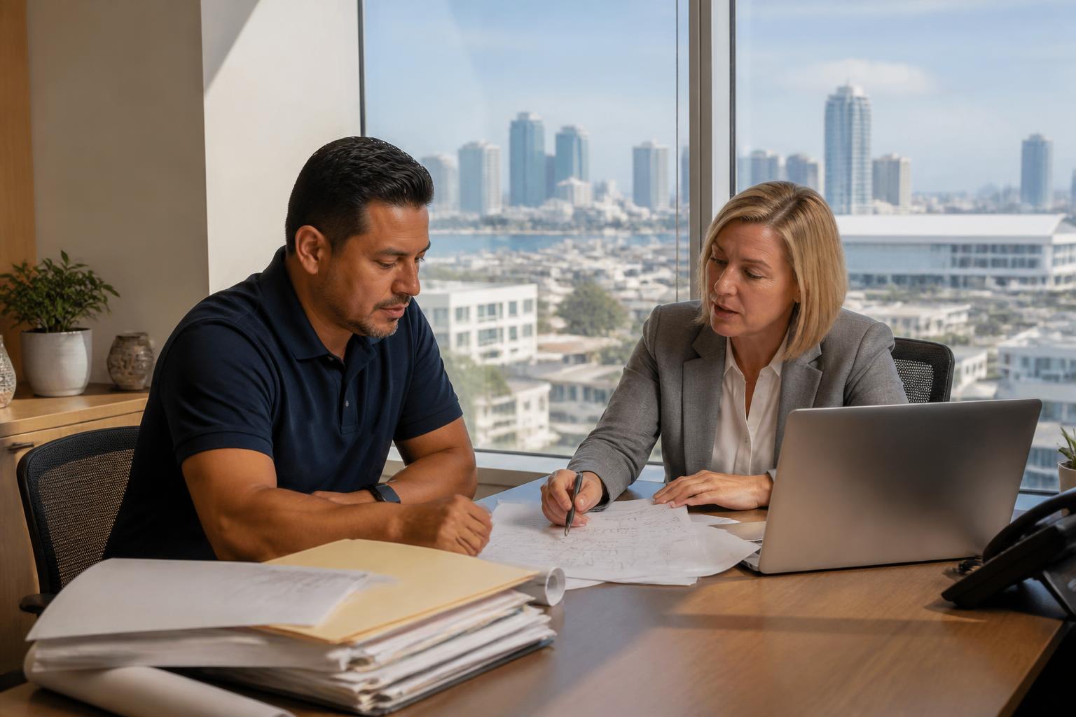 Entrepreneur meeting with an advisor in a San Diego office with downtown skyline visible through the window
