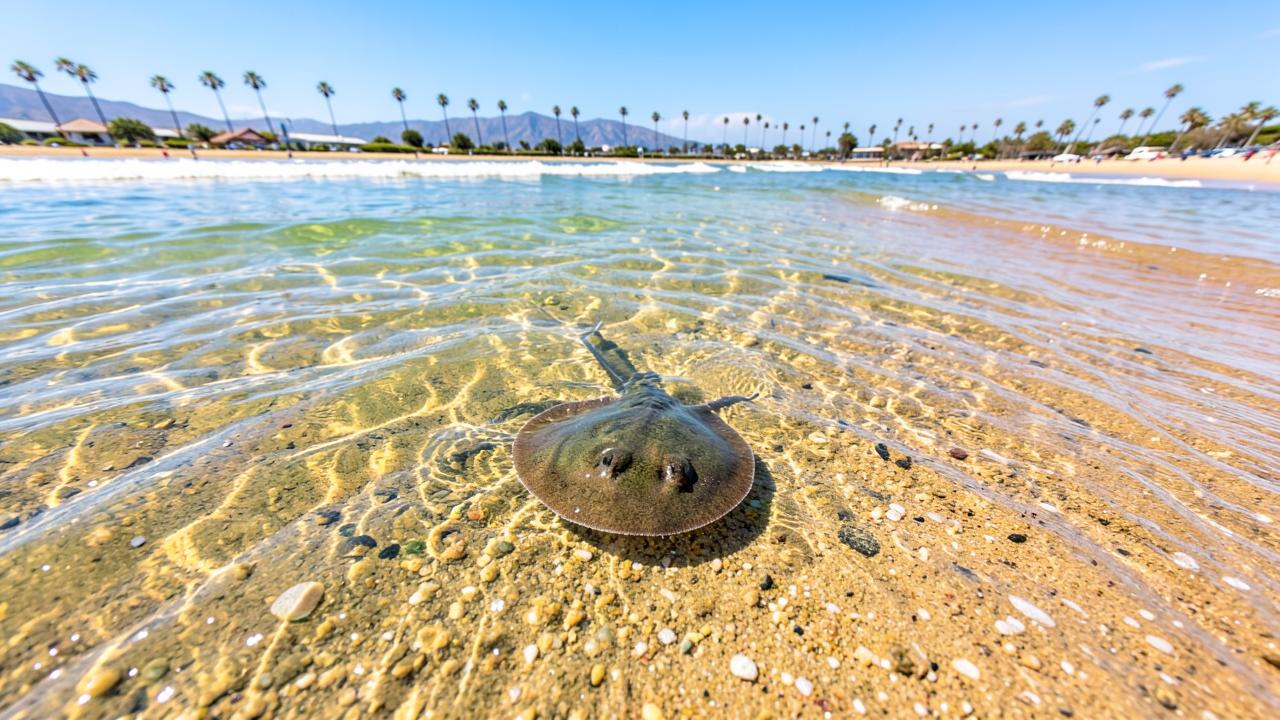 A round stingray resting on sandy bottom in clear shallow water at a Southern California beach