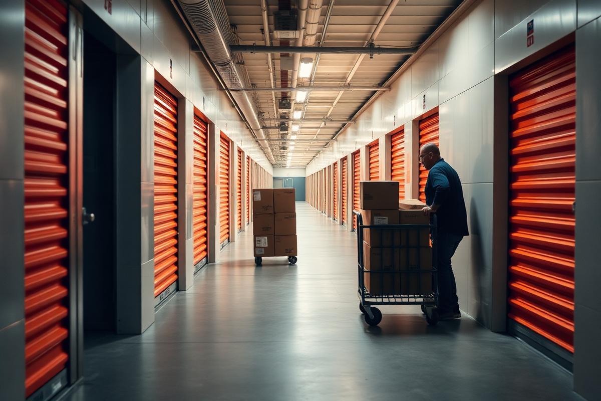 Row of orange roll-up storage unit doors in a clean self-storage facility corridor