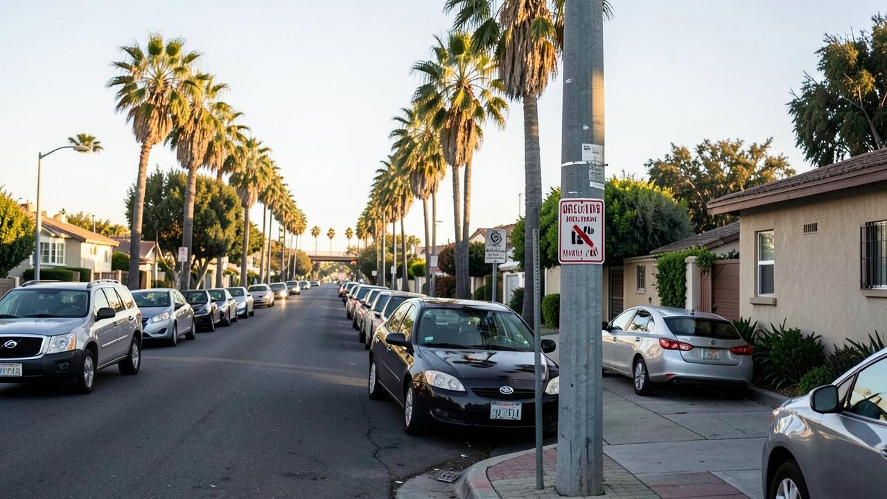 Cars parked along a palm-lined San Diego residential street beside a posted street sweeping parking restriction sign