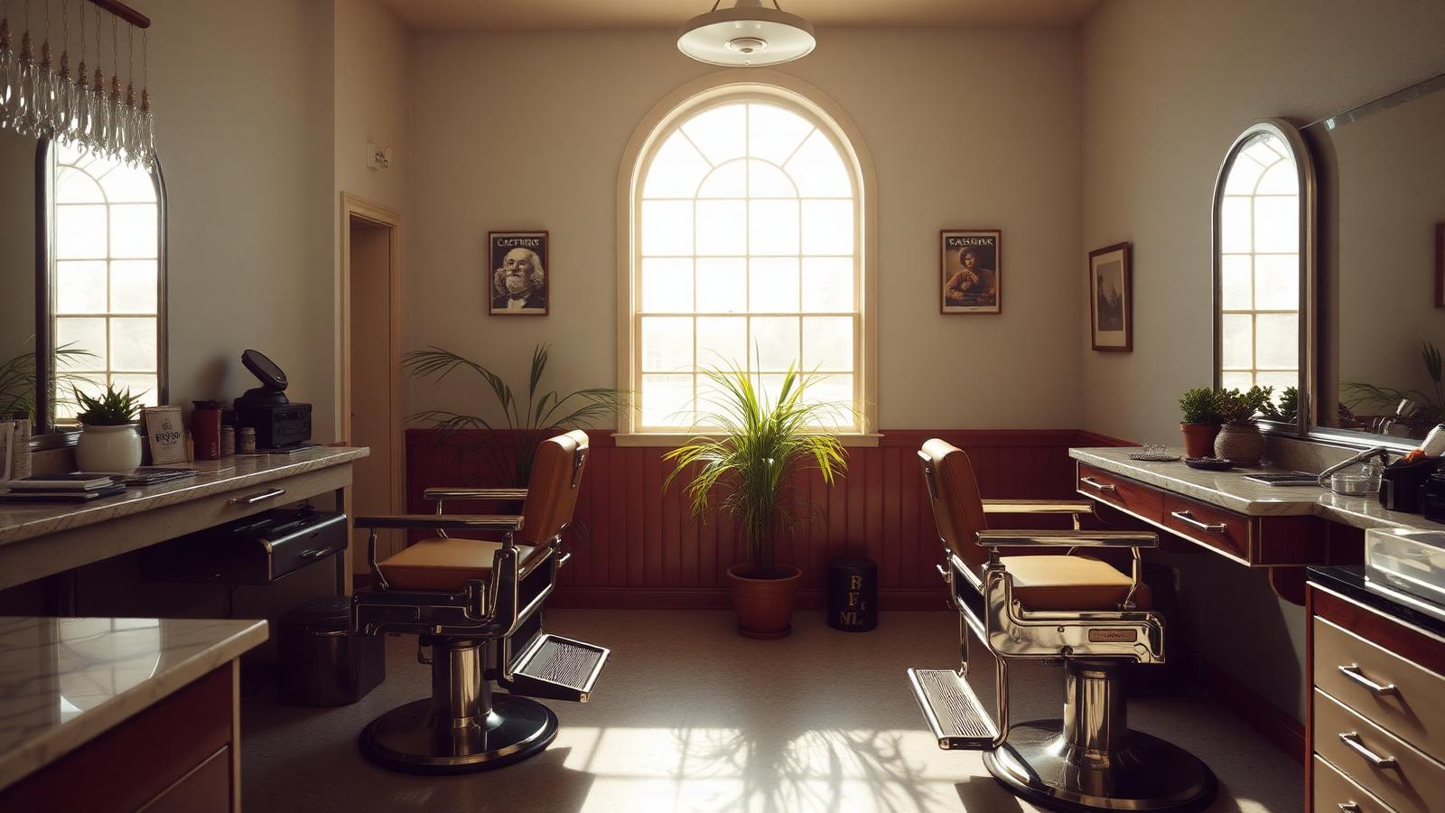 Sunlit vintage San Diego barbershop interior with two chrome barber chairs, marble counters, and potted palms