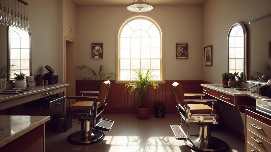 Sunlit vintage San Diego barbershop interior with two chrome barber chairs, marble counters, and potted palms