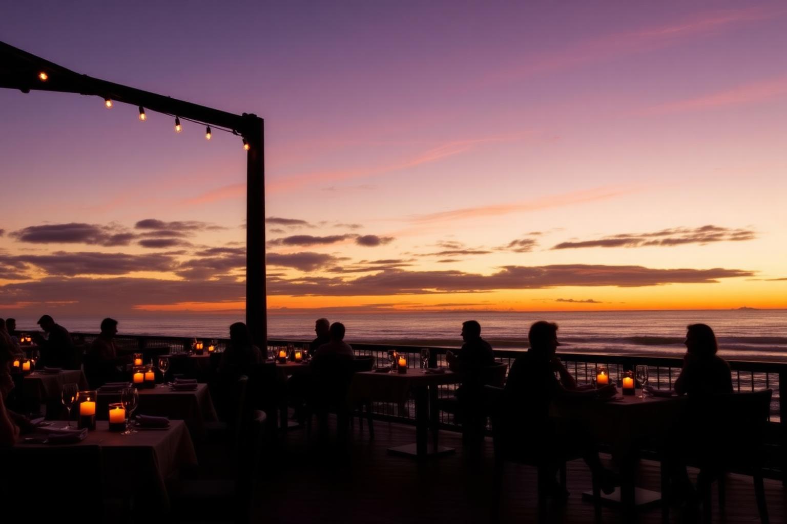 Oceanfront restaurant patio in San Diego at sunset with candlelit tables and diners overlooking the Pacific