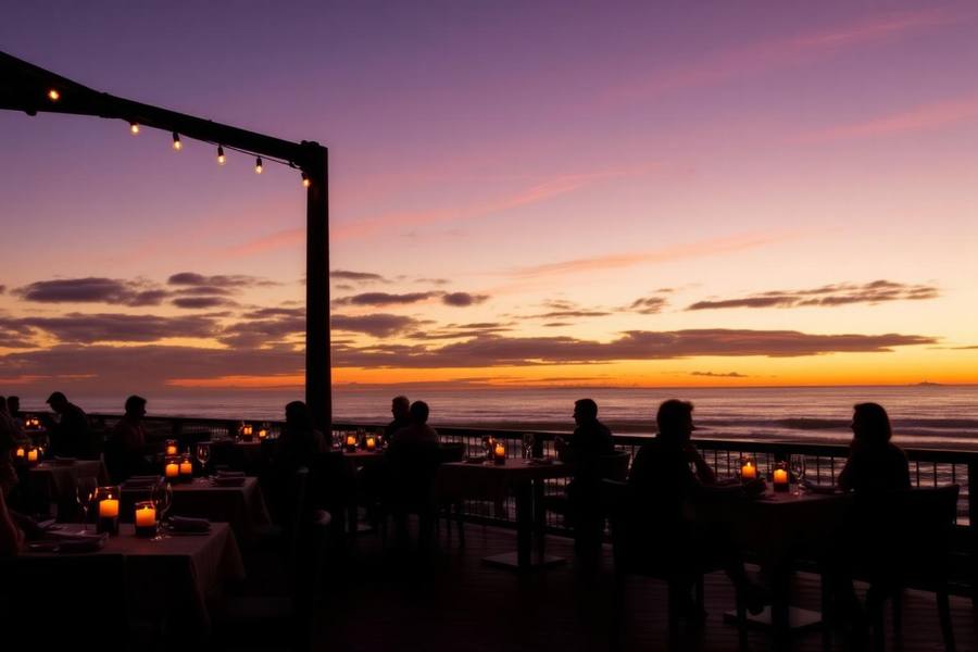 Oceanfront restaurant terrace in San Diego set for dinner as the sun sets over the Pacific