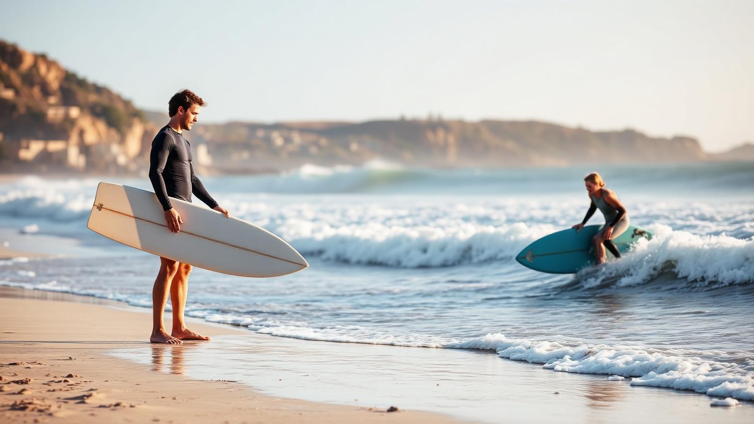 Surf camp instructor and beginner surfers with longboards on a San Diego beach in morning light