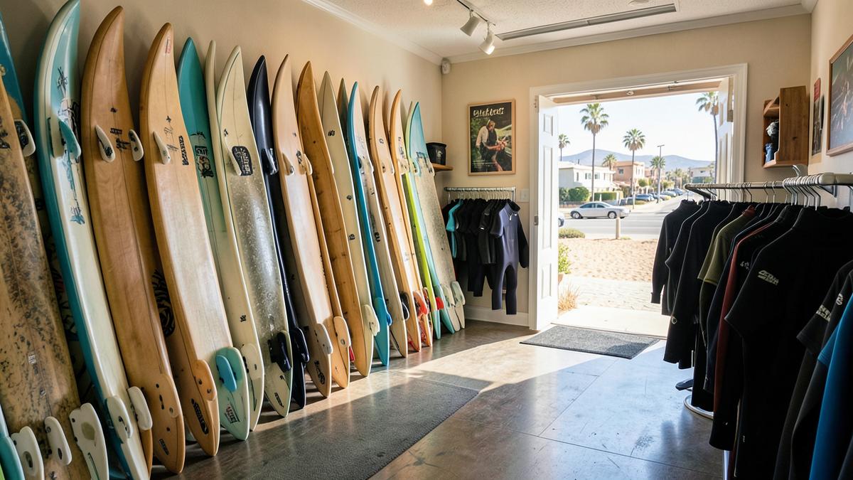 San Diego surf shop interior with rows of surfboards and wetsuits on racks near an open door