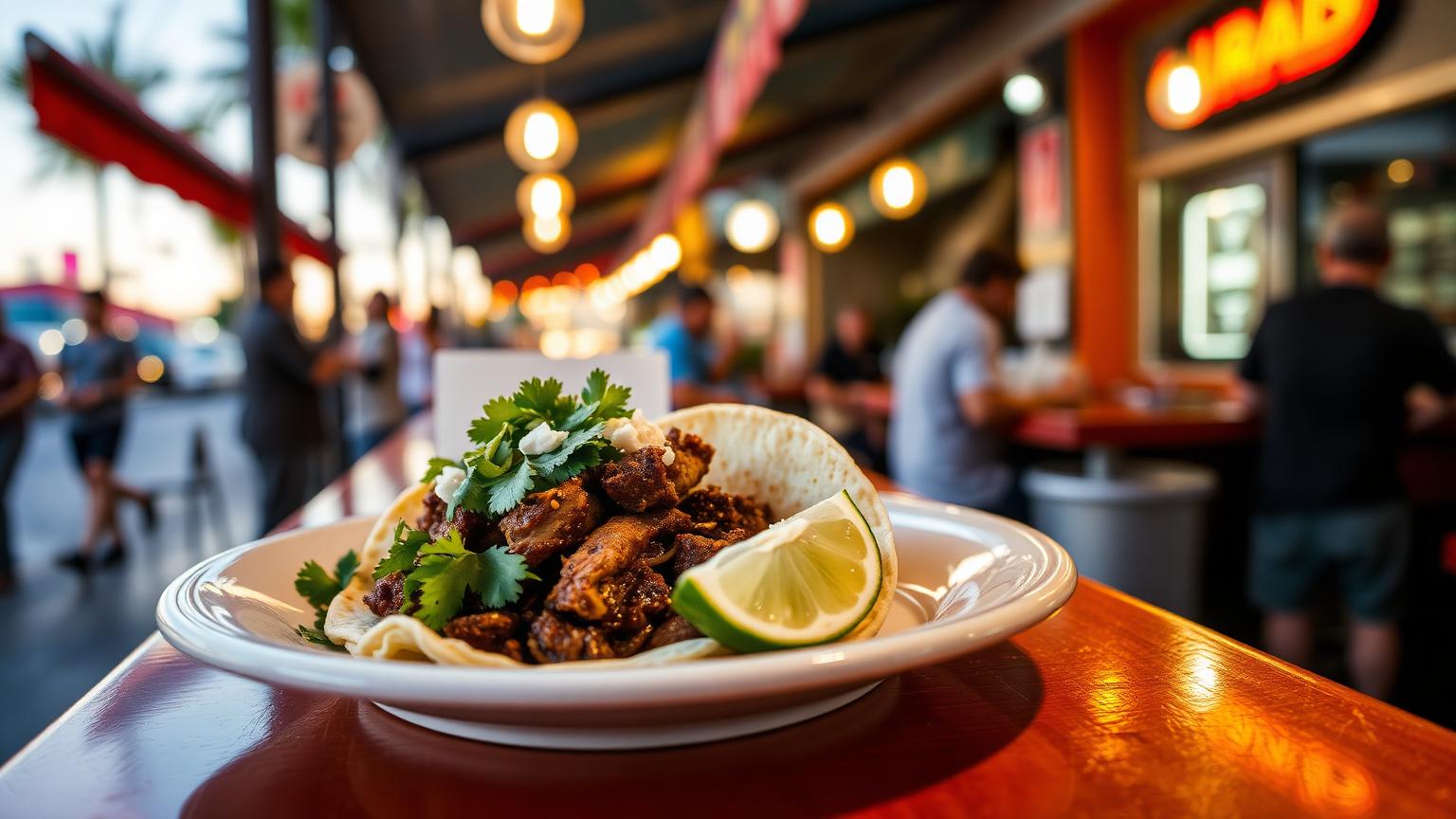 Street tacos with carne asada, cilantro and lime on a plate at an outdoor San Diego taqueria counter
