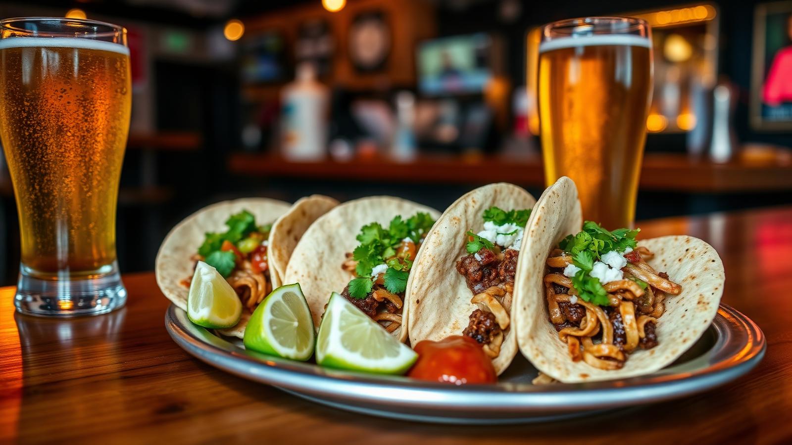 Plate of street tacos with lime wedges and salsa beside a cold draft beer on a bar counter in a San Diego taqueria