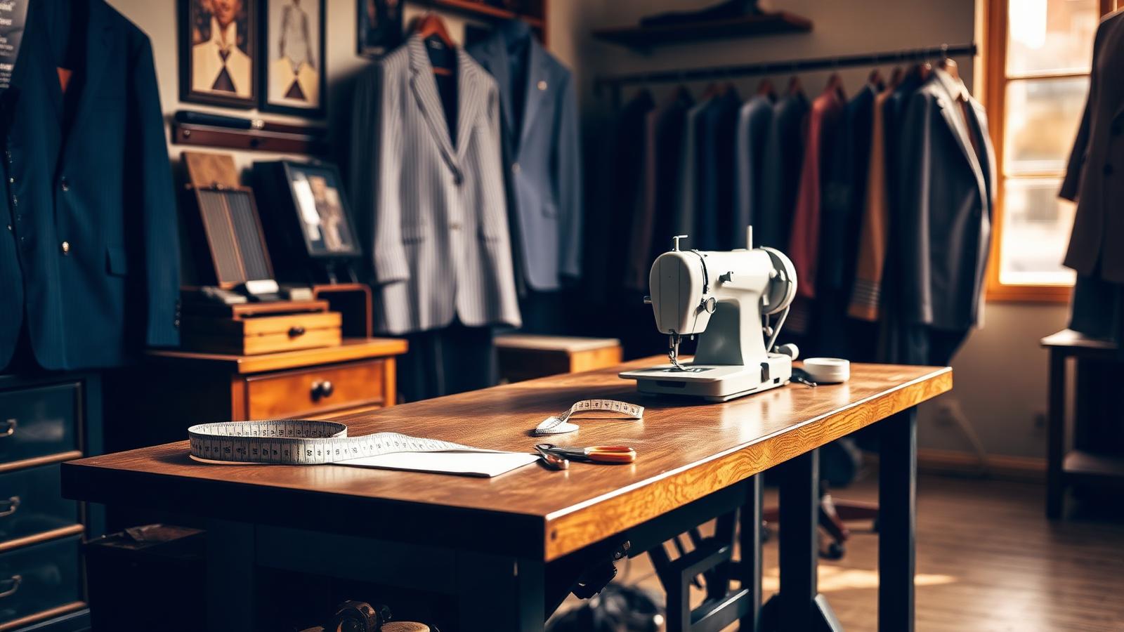 Tailor workroom with a sewing machine, measuring tape, chalk and shears on a wooden table and suits on a rack behind