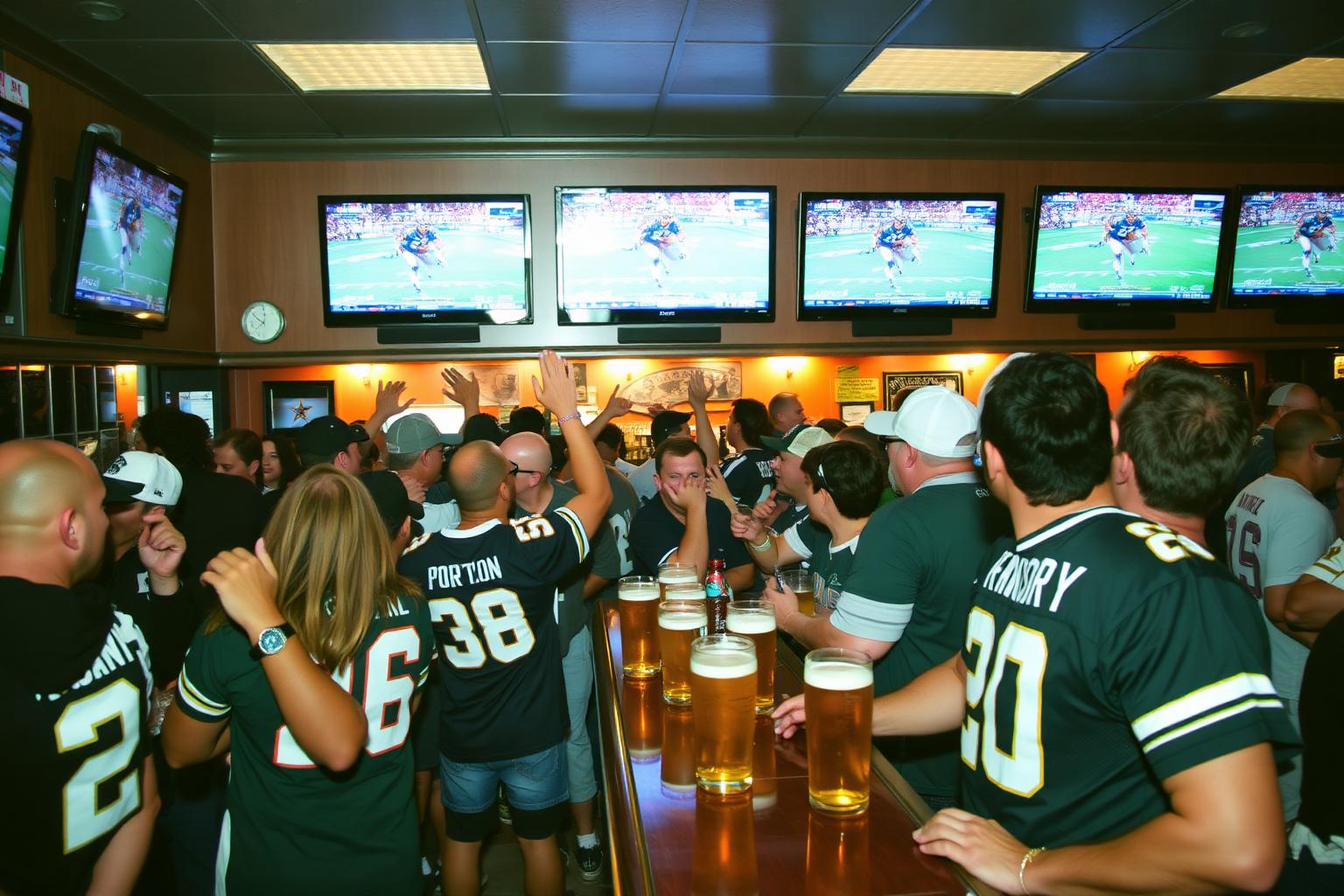 Fans in team jerseys cheering at a crowded San Diego sports bar with a wall of TVs showing football