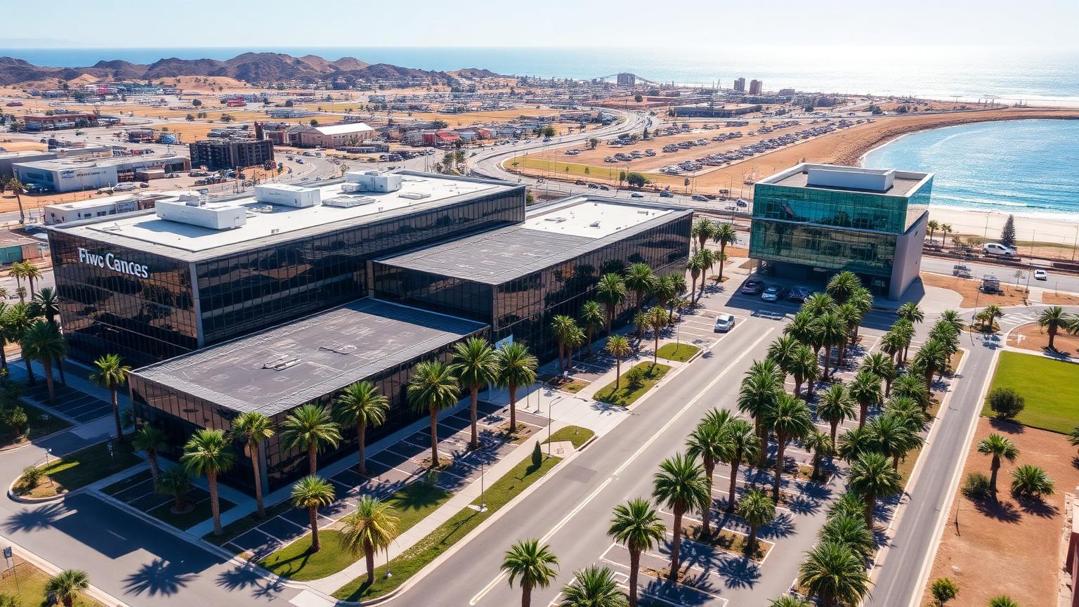 Aerial view of a modern glass tech office campus in San Diego with palm-lined roads and the Pacific Ocean visible in the distance
