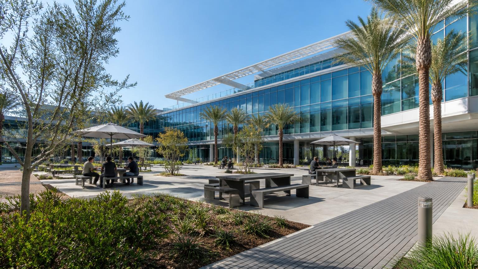 Sunny outdoor courtyard of a modern San Diego tech office campus with palm trees and glass office buildings