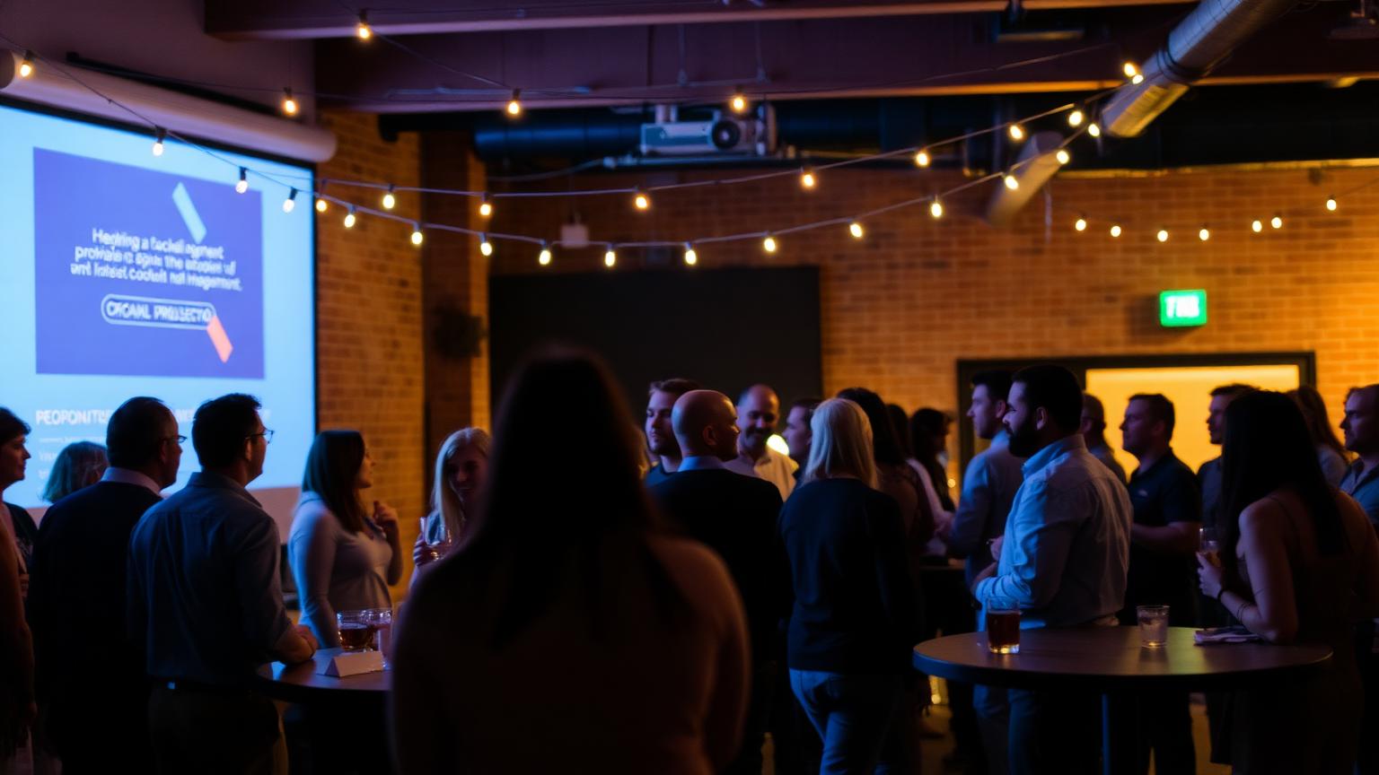 Evening tech networking event in a San Diego brick loft venue with string lights, a projector screen and attendees talking around standing tables