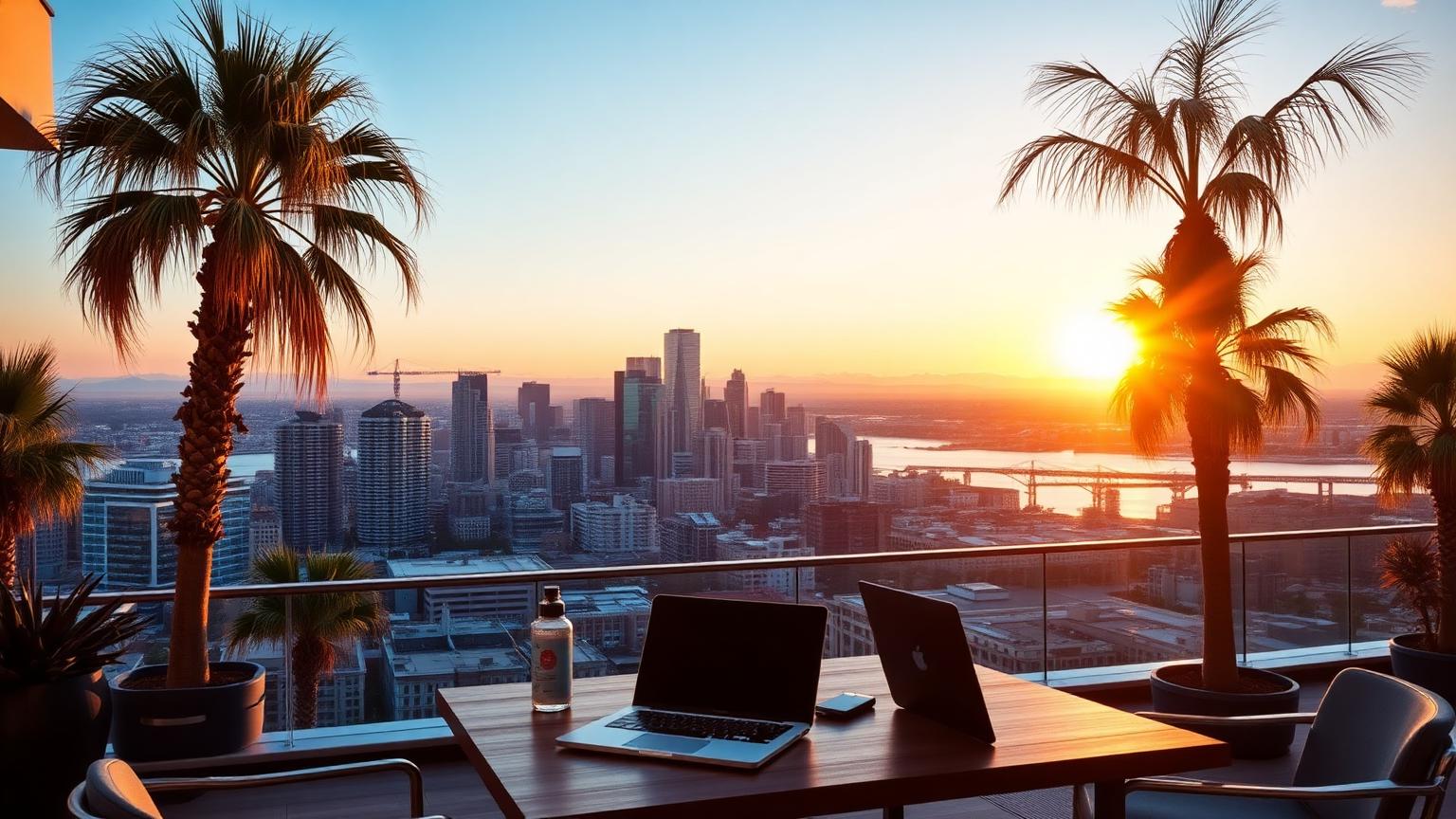 San Diego downtown skyline at golden hour viewed from a rooftop office terrace with laptops on a table and palm trees framing the bay