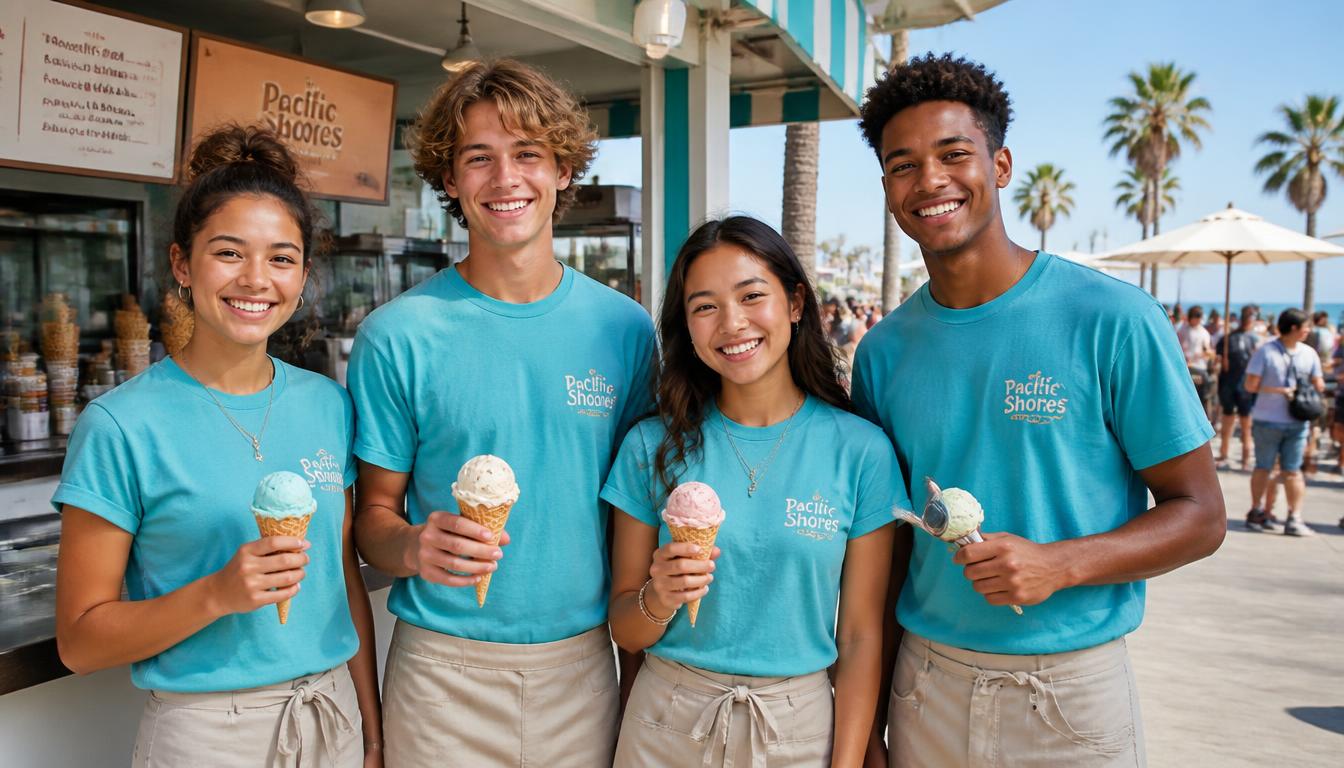 Smiling San Diego teens in summer job uniforms at a beachside ice cream shop