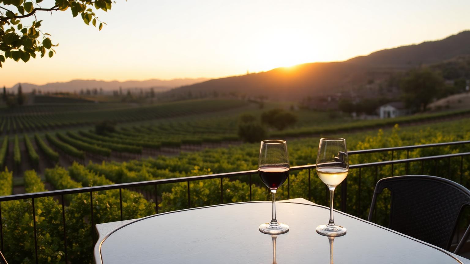 Two wine glasses on a terrace table overlooking rolling Temecula vineyard rows at golden hour