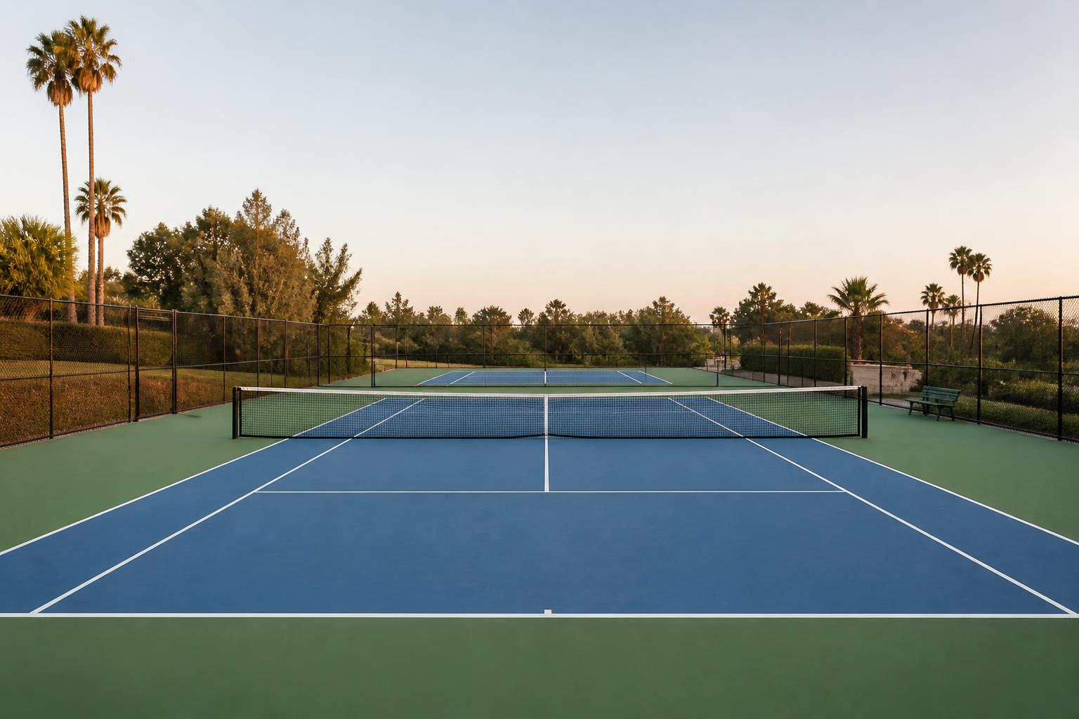 Two empty public tennis courts with regulation lines and palm trees in a San Diego park