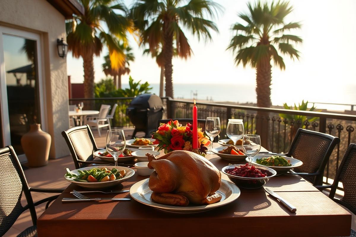 Thanksgiving dinner table set on a sunny San Diego patio with palm trees and the ocean behind it