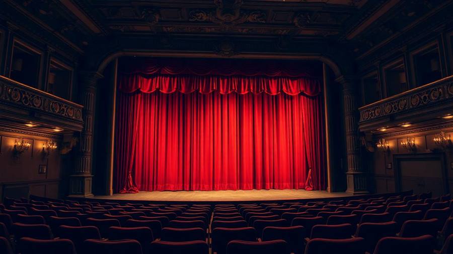 Ornate theater interior with a red stage curtain and rows of empty velvet seats before a performance