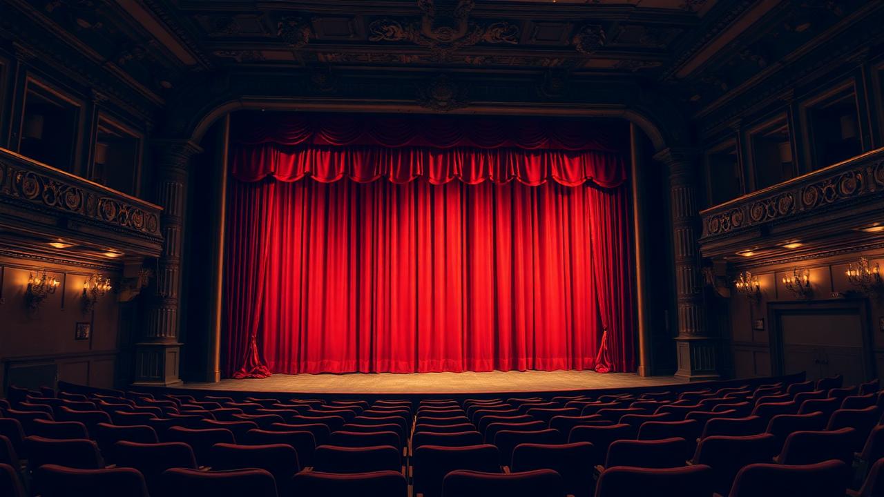 Ornate theater interior with a red stage curtain and rows of empty velvet seats before a performance