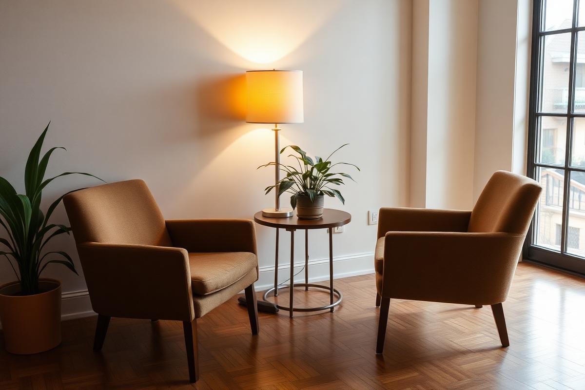Calm therapy office with two comfortable chairs, a plant and soft daylight through a window