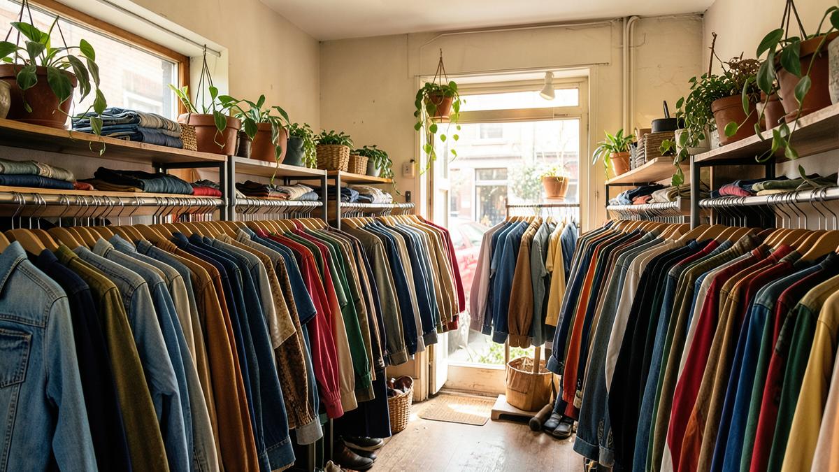Vintage clothing store interior in San Diego with dense racks of secondhand denim and shirts