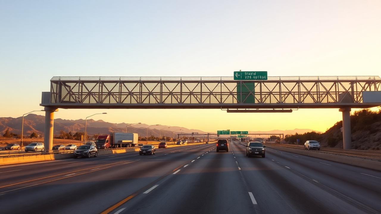 Wide Southern California freeway at golden hour with an overhead toll gantry spanning the lanes