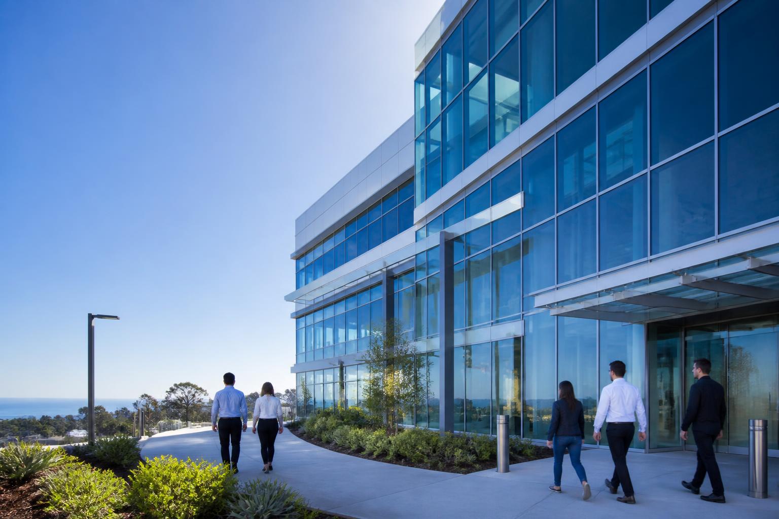 Modern glass biotech or corporate office building in San Diego's Torrey Pines area with professionals walking outside