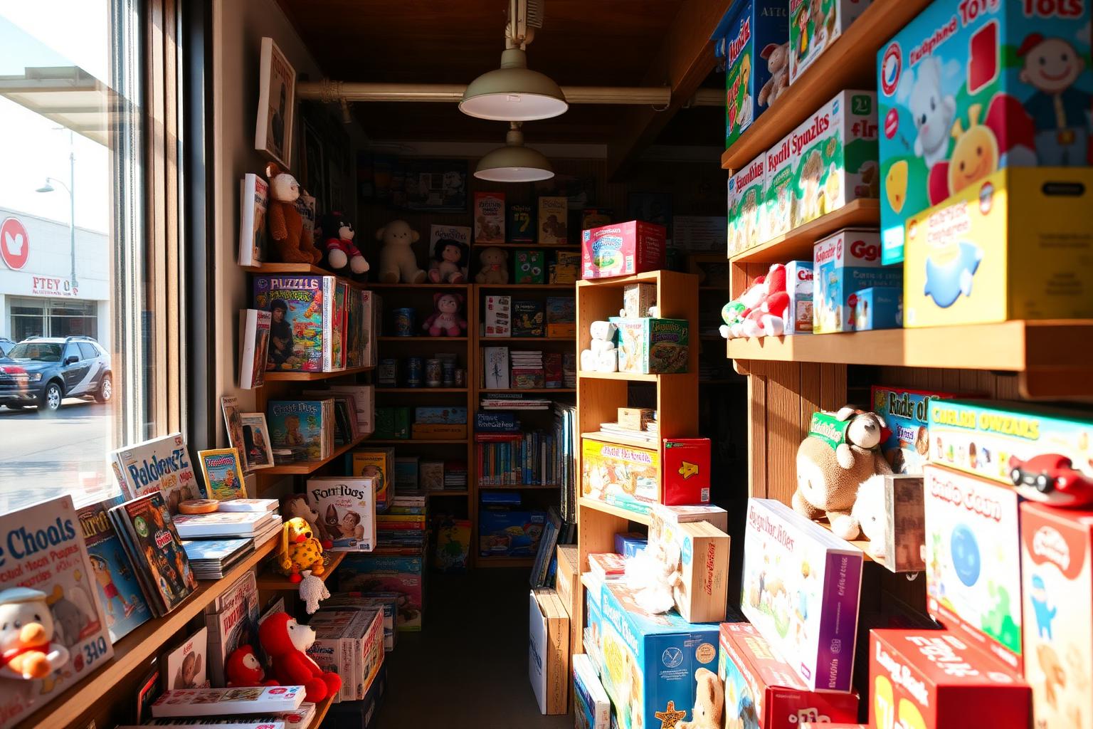Interior of an independent San Diego toy store with shelves of puzzles, plush animals and board games