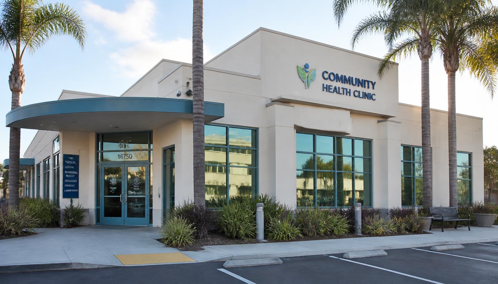 Bright modern community health clinic building with palm trees and a welcoming entrance in San Diego
