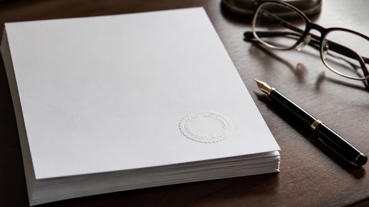 A stack of official documents with an embossed seal beside a pen and reading glasses on a dark wooden desk
