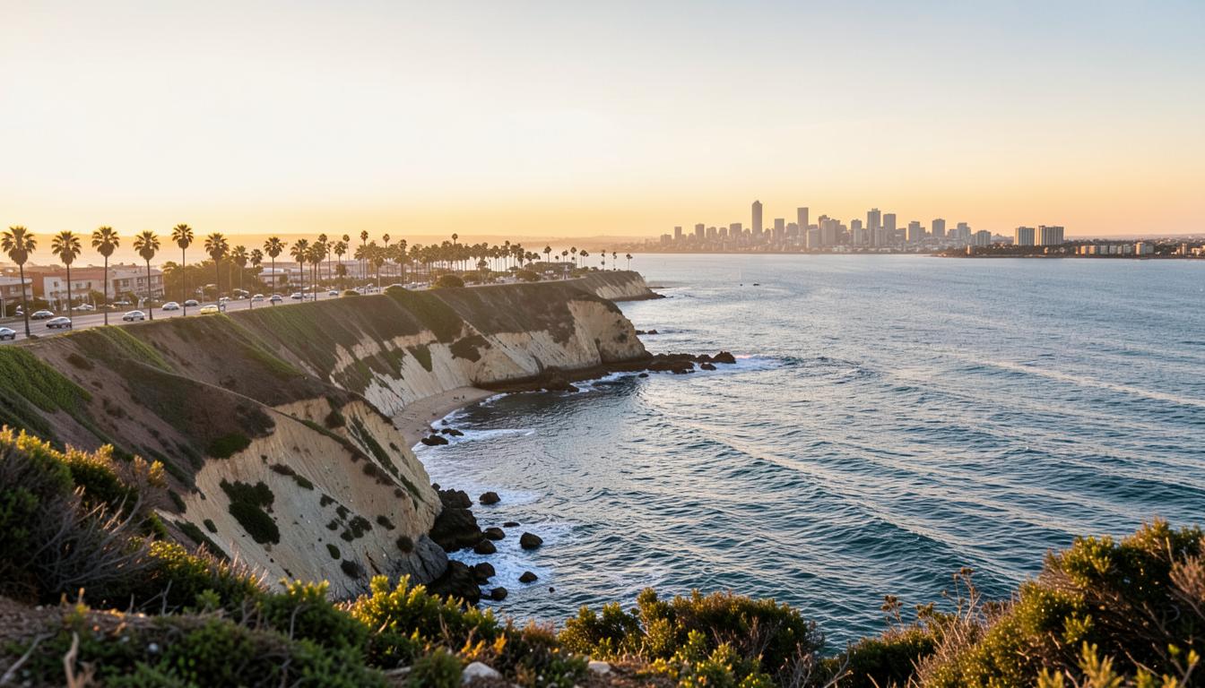 San Diego coastline at golden hour with La Jolla cliffs, palm trees, and the downtown skyline across the water