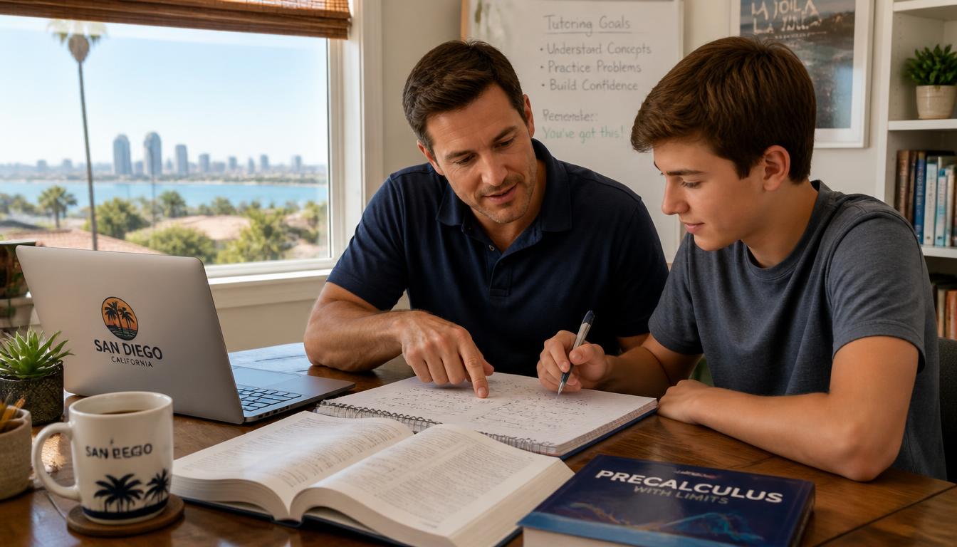 A San Diego tutor and student reviewing math notes at a desk with a laptop and textbooks