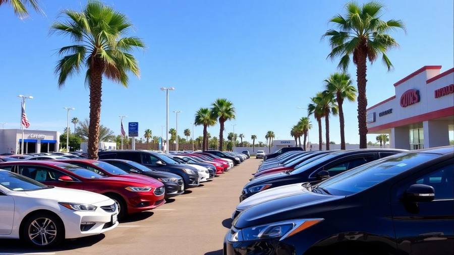 Rows of used cars for sale in a sunny San Diego dealership lot lined with palm trees