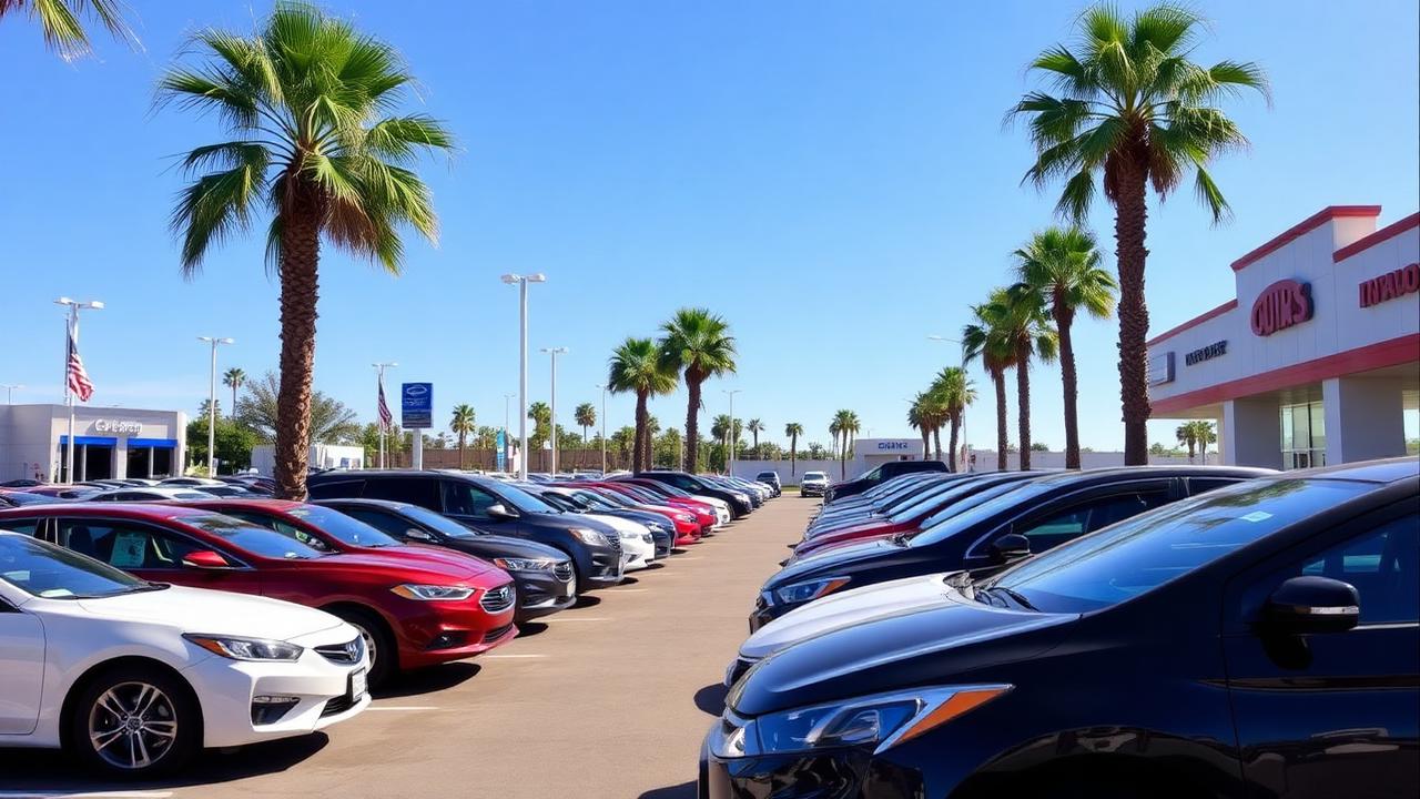 Rows of used cars for sale in a sunny San Diego dealership lot lined with palm trees
