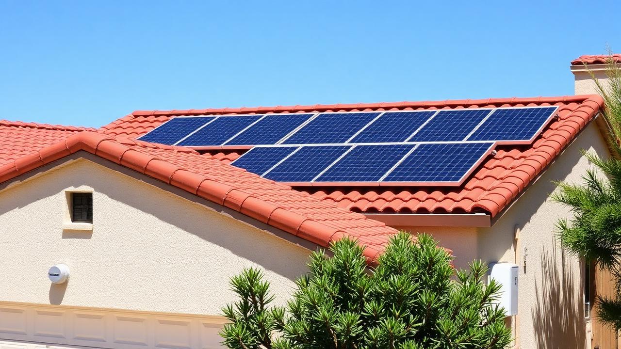 Rooftop solar panels on a Southern California home with red tile roof under a clear blue sky