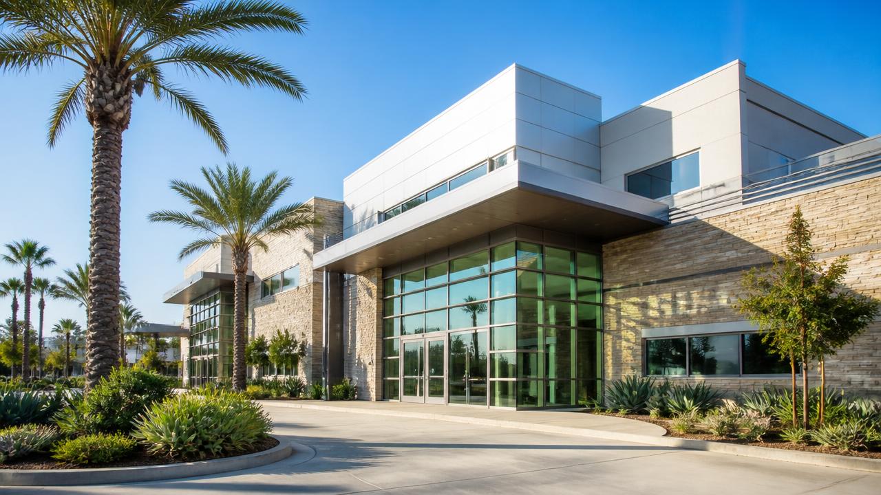 Modern medical clinic building with palm trees under blue sky in San Diego