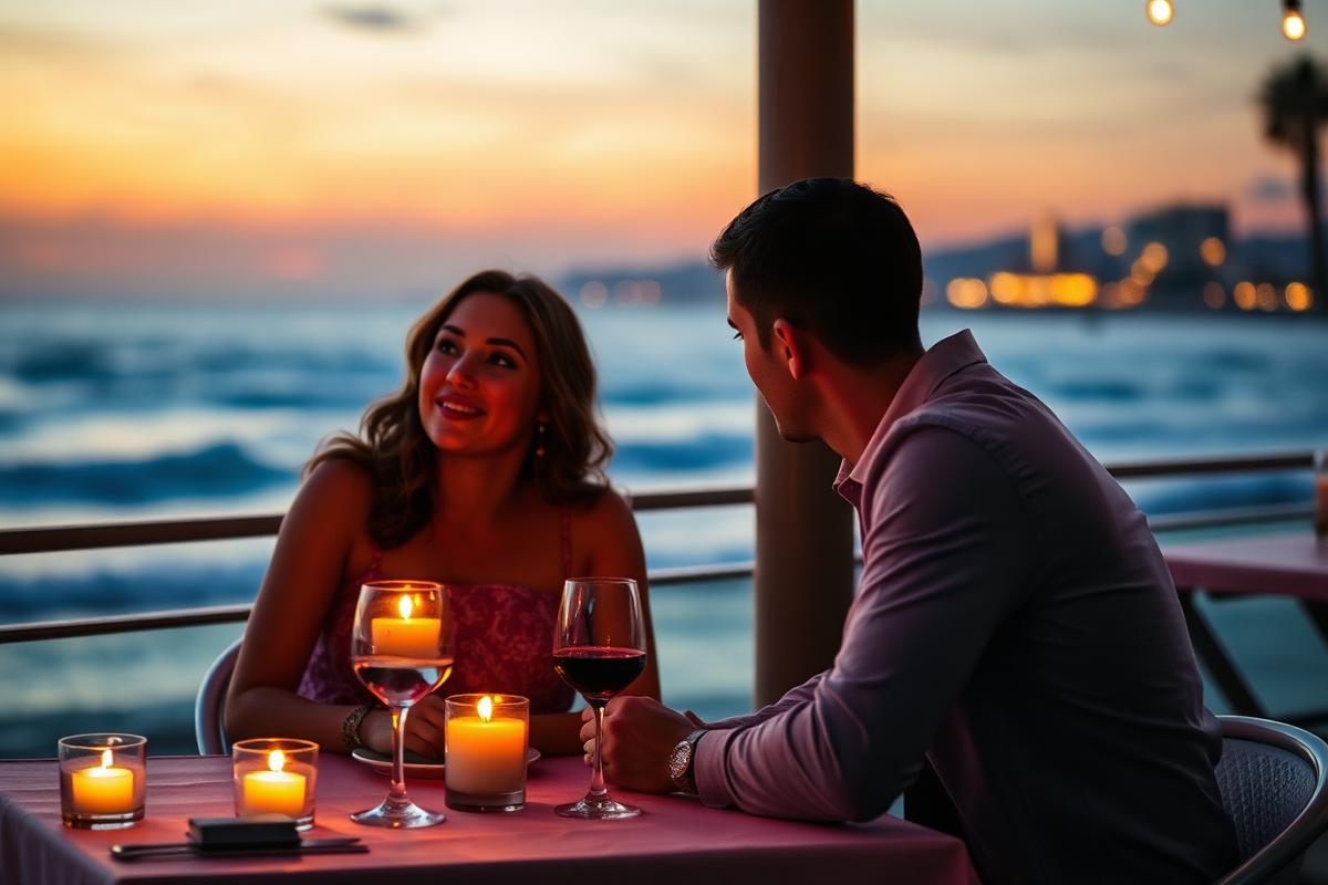 Couple at a candlelit oceanfront restaurant table in San Diego at sunset on Valentine's Day