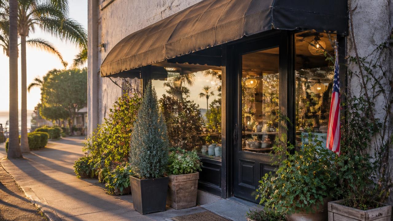 Small business storefront with awning, potted plants, and an American flag at golden hour in San Diego