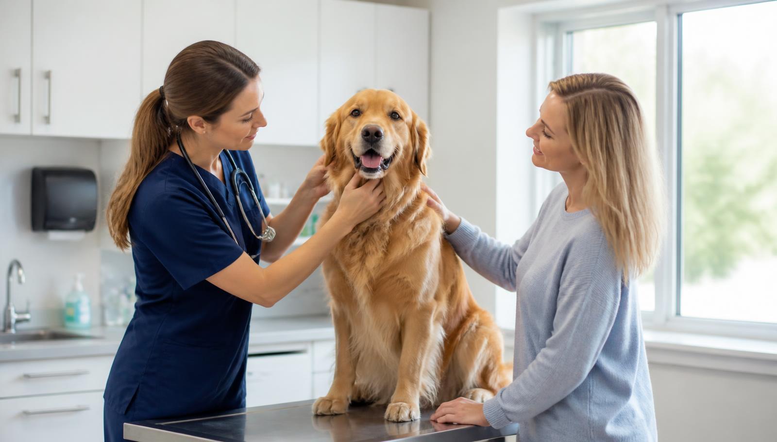 A veterinarian in navy scrubs examining a golden retriever on an exam table while the owner reassures the dog