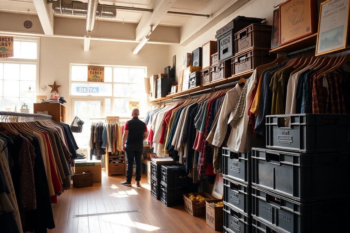 Racks of vintage clothing and crates of records inside a sunlit second-hand shop with wood floors