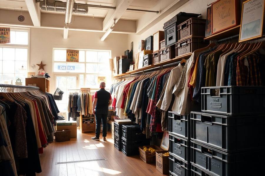Racks of vintage clothing and crates of records inside a sunlit second-hand shop with wood floors