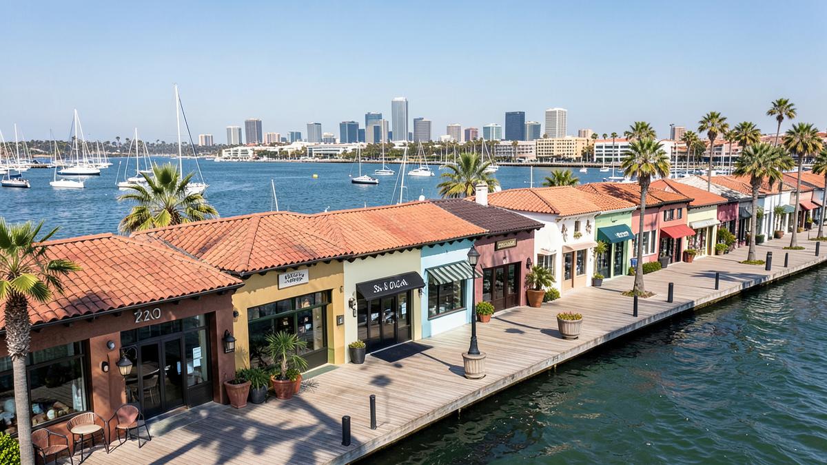 San Diego bayfront shopping village with low-rise shops, boardwalk and sailboats in the harbor