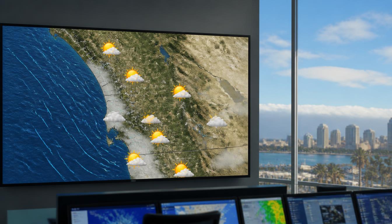Weather monitoring screens showing a San Diego regional forecast map with downtown skyline visible through a window