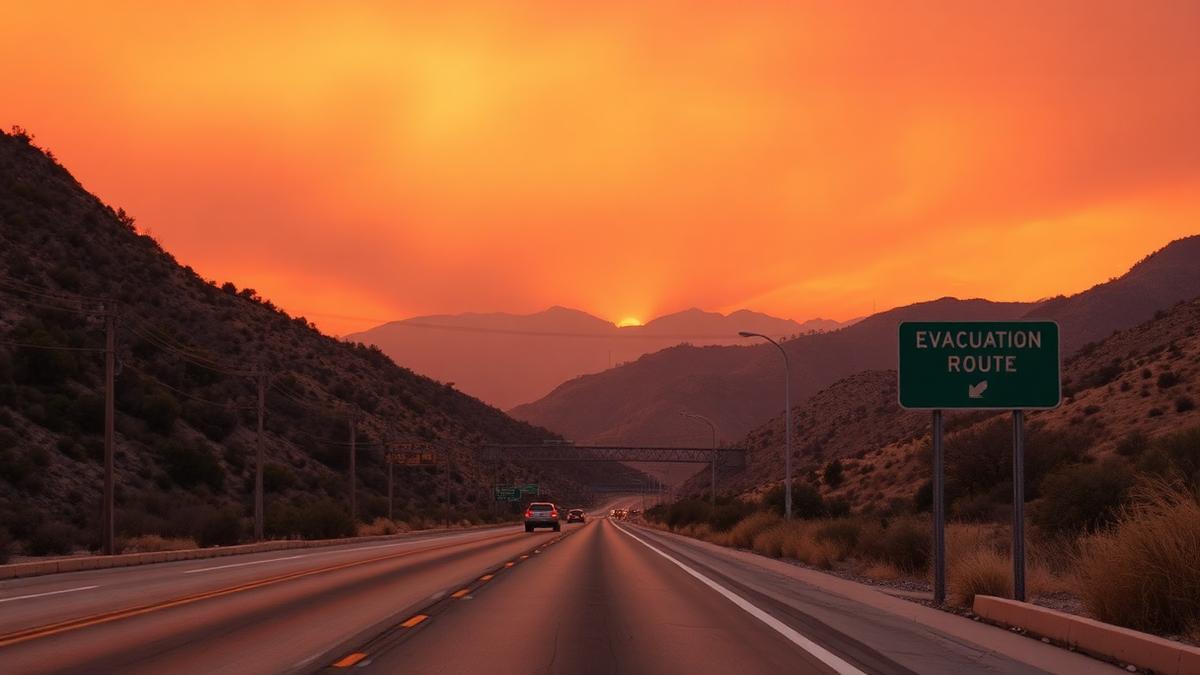 A Southern California canyon highway under an orange smoke-filled sky with an evacuation route sign
